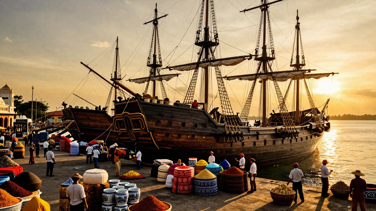 Galeras de Manila cargando especias y sedas en un puerto colonial, simbolizando el comercio entre Oriente y Occidente.