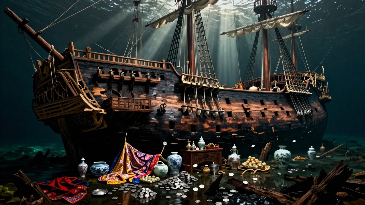 Escombros de un galeón histórico sumergido exhibiendo mercancía como seda, porcelana y moneda antigua.