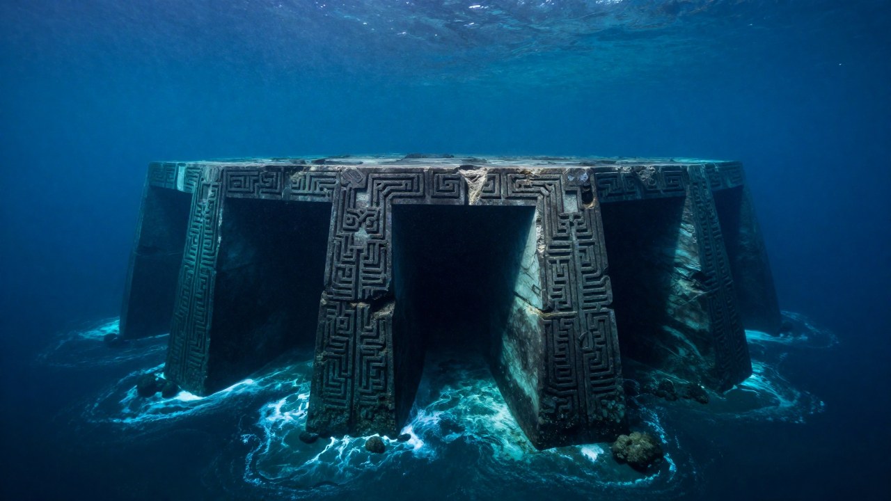 Estructura sumergida de Yonaguni con grandes formaciones megalíticas y patrones geométricos en el fondo marino.