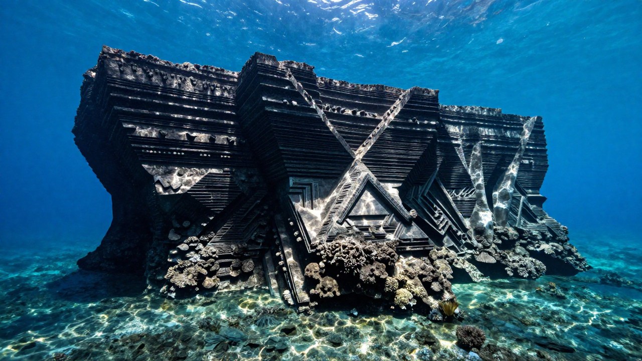 Estructura rocosa monumental de Yonaguni parcialmente sumergida bajo aguas tropicales del Pacífico.