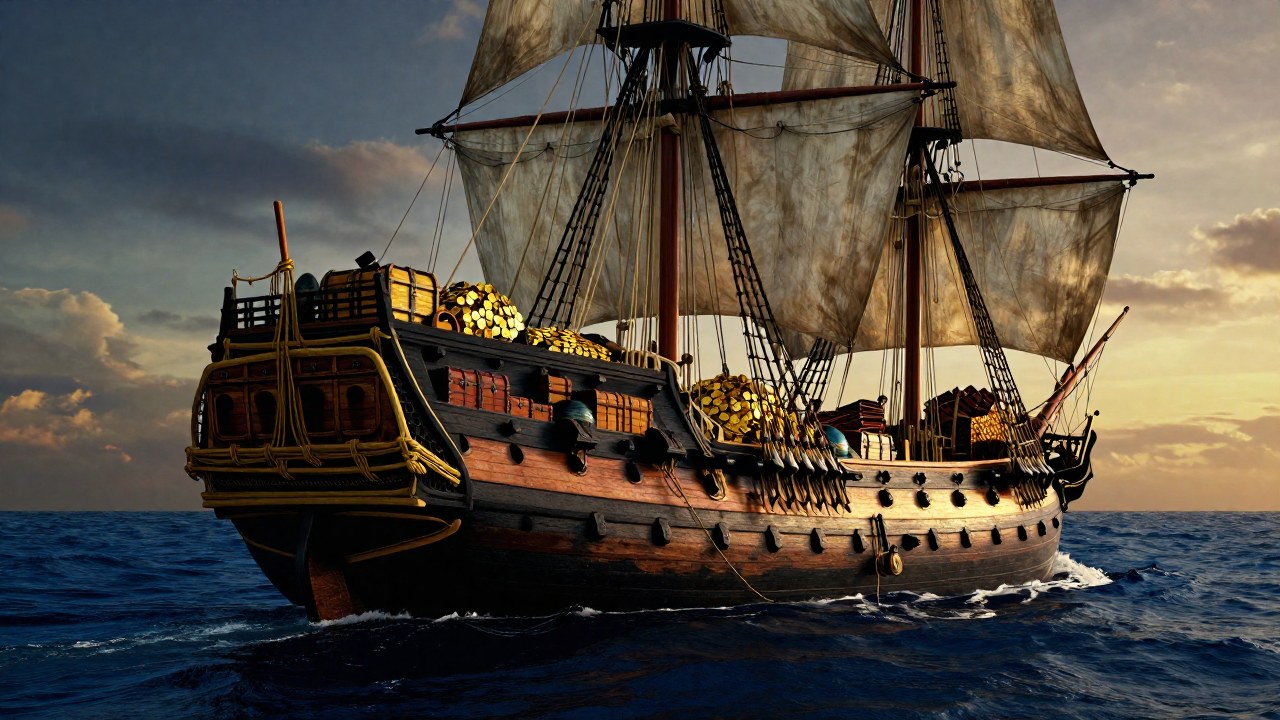 Frigate histórica navegando en el océano con cofres llenos de oro, artefactos y mercancías valiosas a bordo.