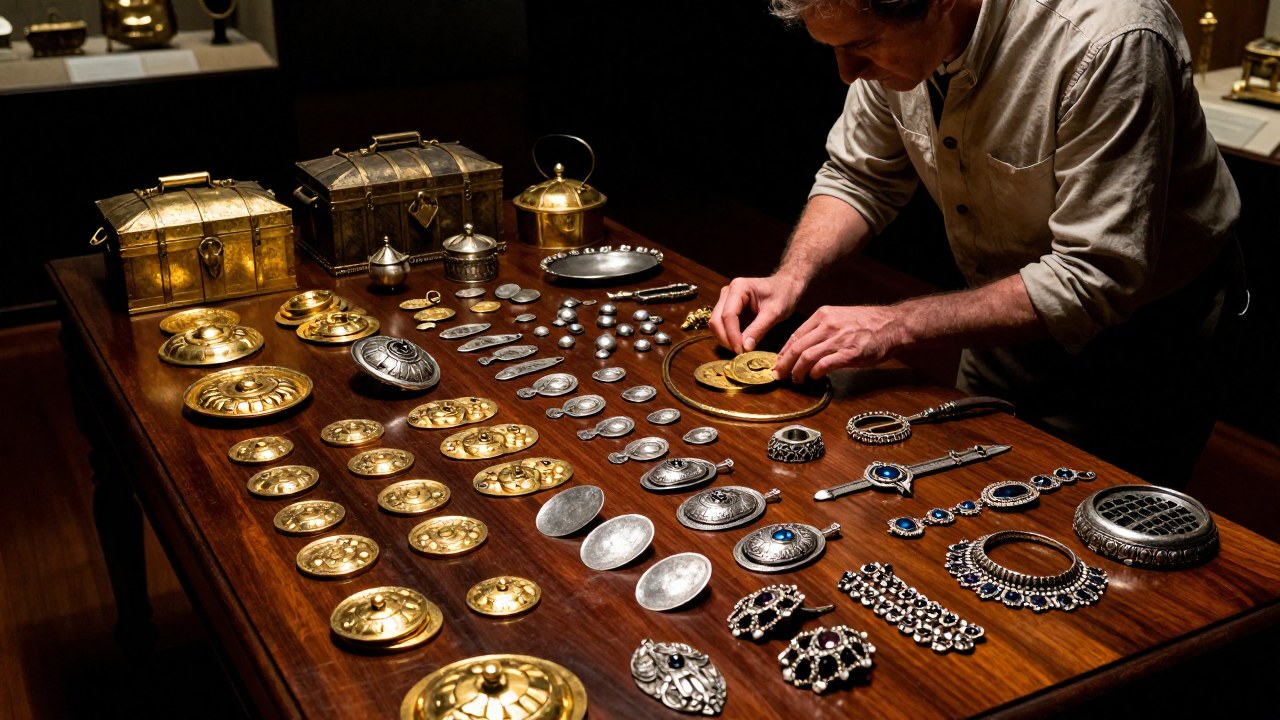 Curador examinando un tesoro de artefactos históricos, incluyendo oro y joyas de una fragata colonial.