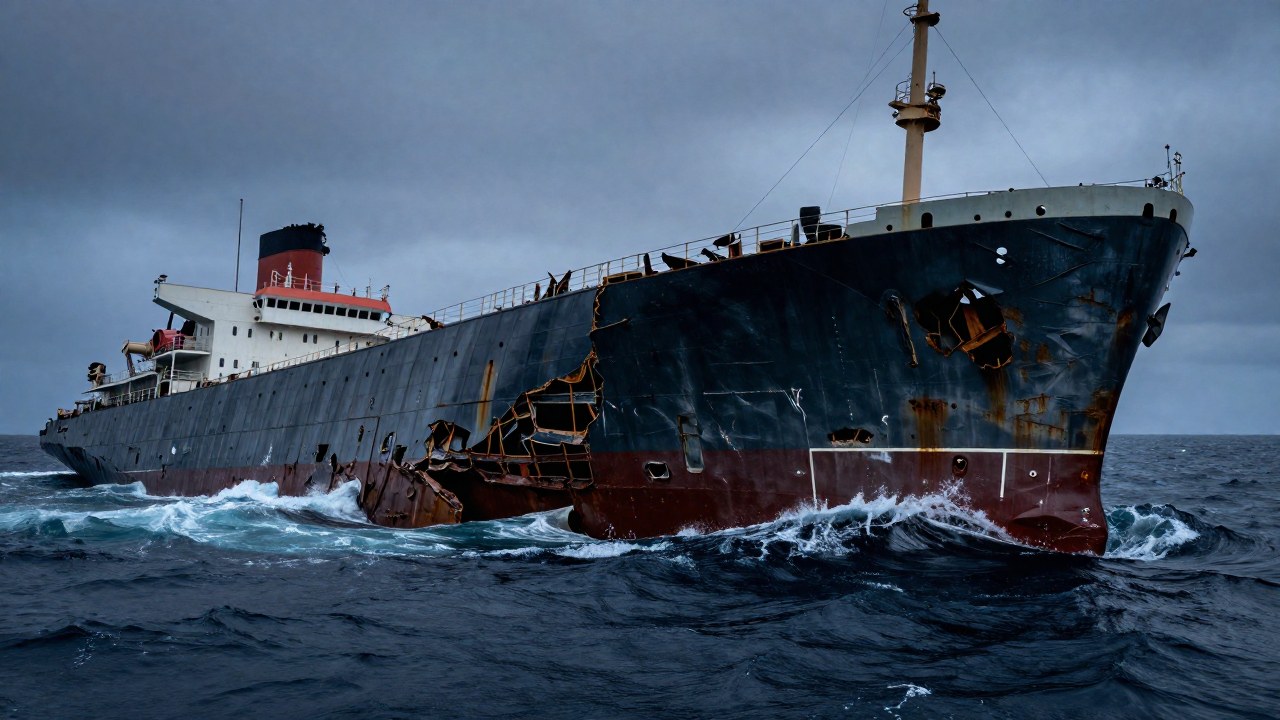 El casco corroído del SS Great Republic sufre un colapso estructural mientras se hunde en el océano.