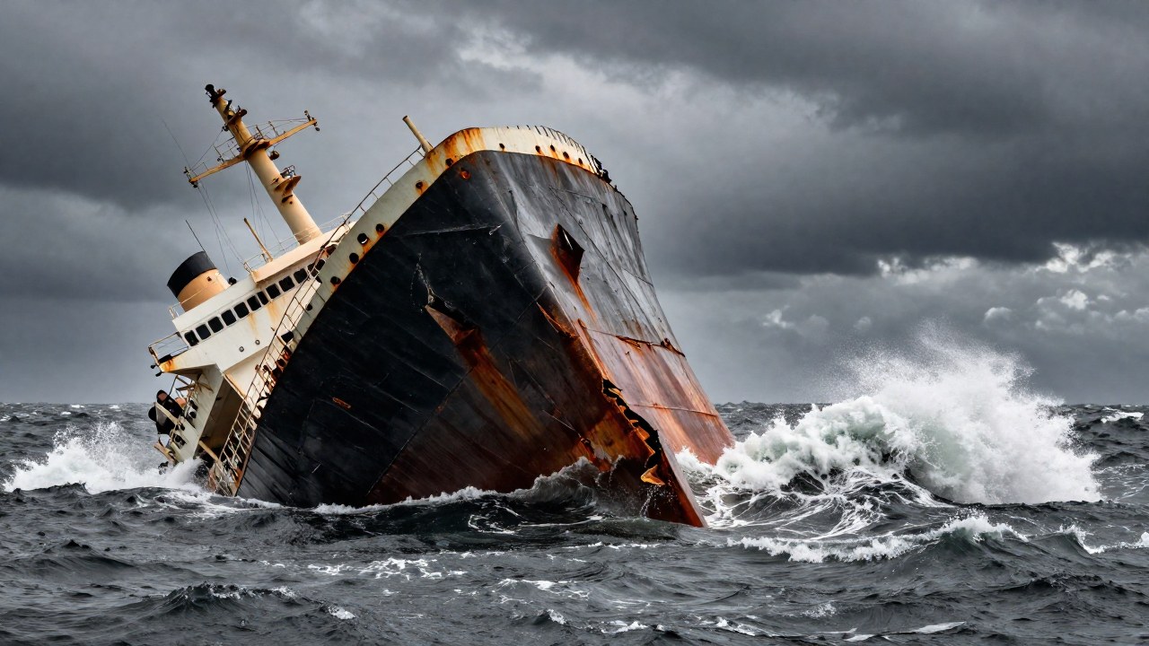 La SS Great Republic se hunde en un océano turbulento mostrando un catastrófico fallo estructural de su casco.