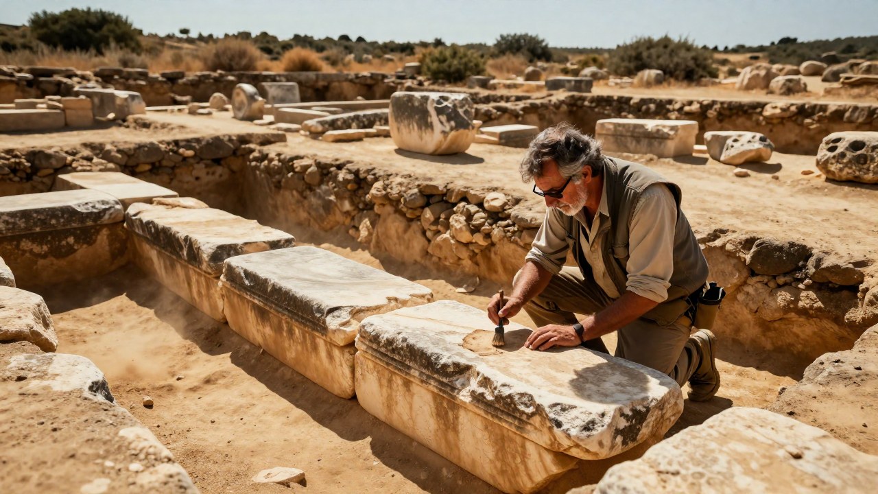 Arqueólogo examinando minuciosamente una sección recién desenterrada de ruinas antiguas en un sitio mediterráneo.