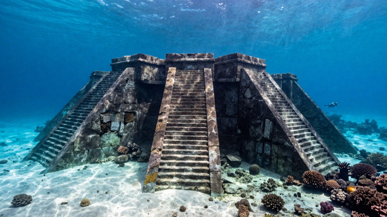 La enorme estructura megalítica del Monumento Yonaguni se observa bajo el mar tropical con buzos.