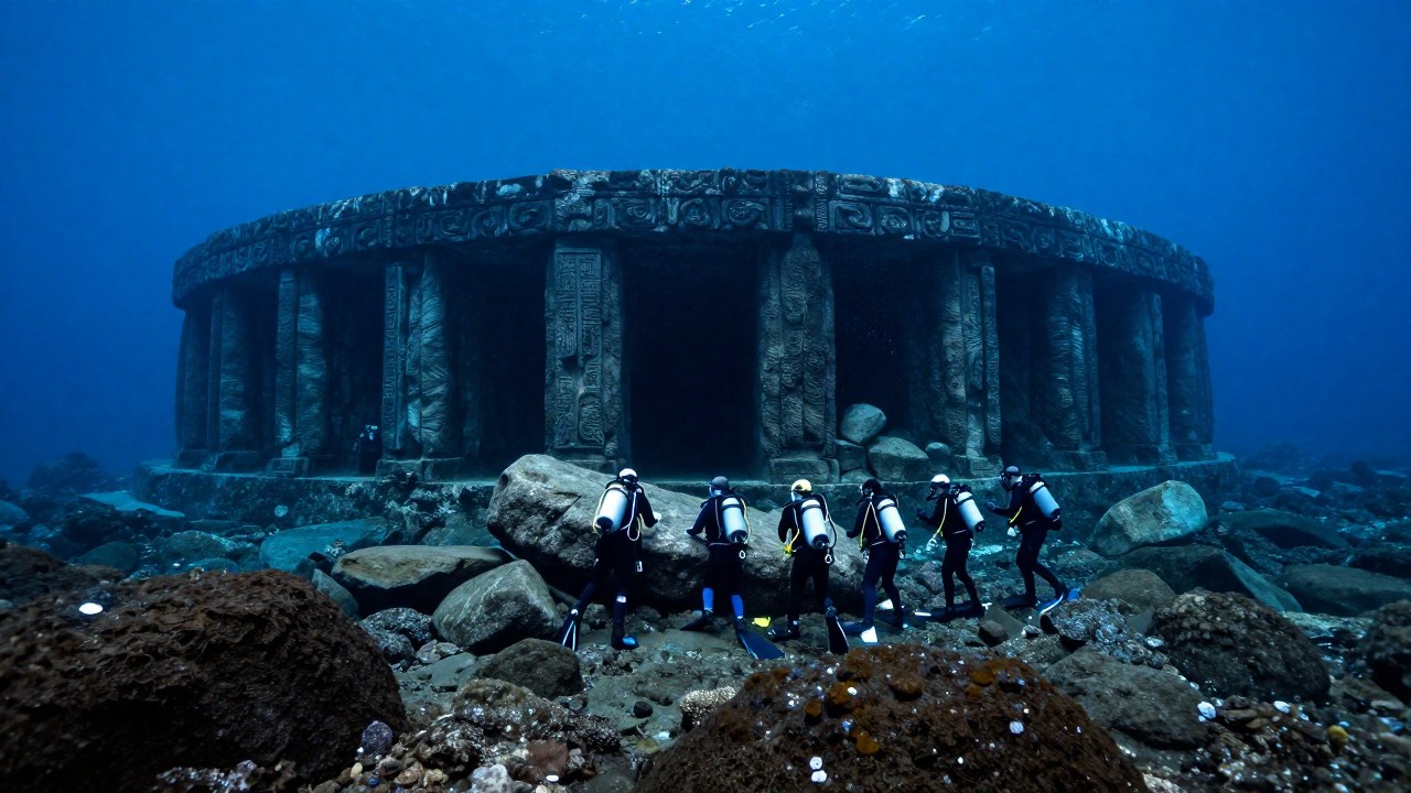 Científicos buzos examinan la monumental estructura megalítica del Monumento Yonaguni en aguas profundas.