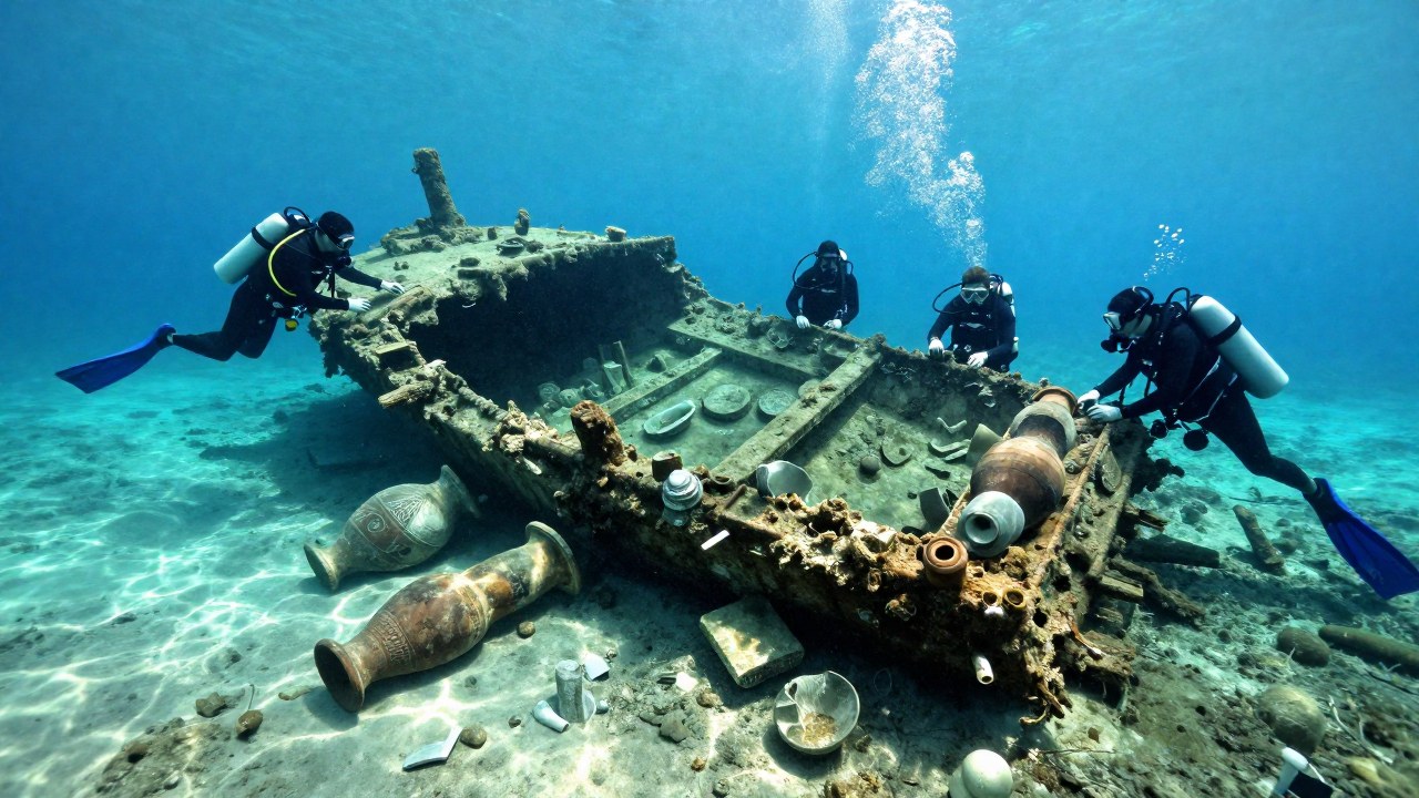 Arqueólogos marinos examinan ruinas de un naufragio romano en el fondo marino de Pozzuoli Bay.